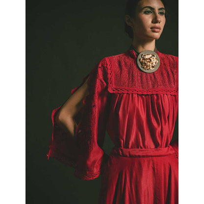 CHANDRIMA Red Smocked Yoke Chanderi Cutwork Top