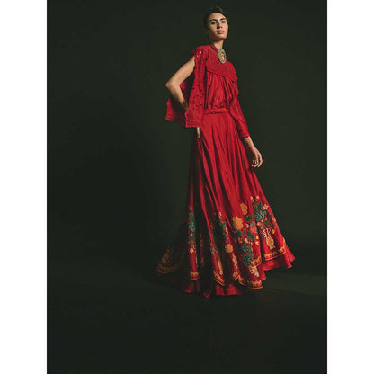 CHANDRIMA Red Smocked Yoke Chanderi Cutwork Top