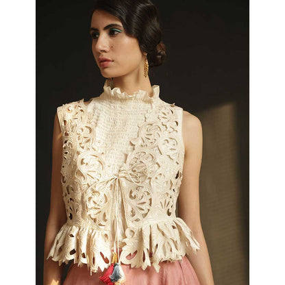 CHANDRIMA Ivory Cutwork Ruffled Waistcoat