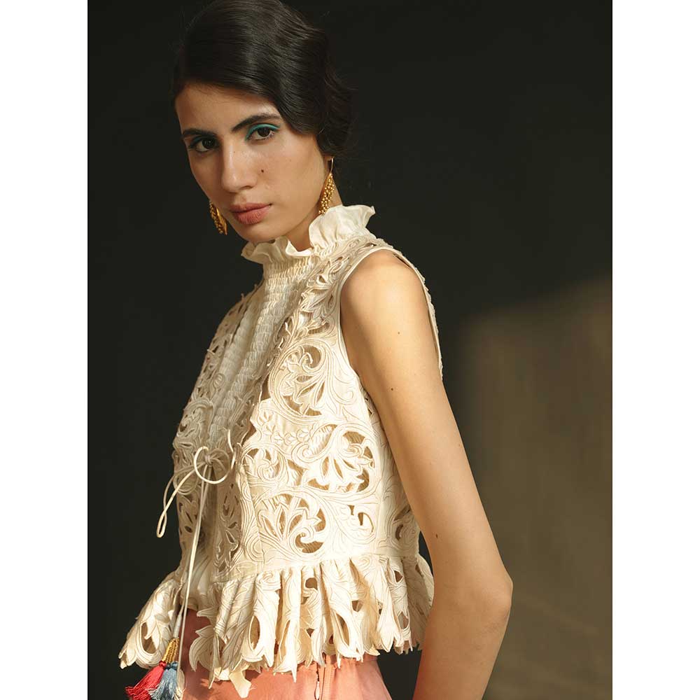 CHANDRIMA Ivory Cutwork Ruffled Waistcoat
