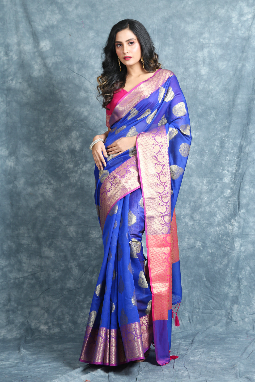 Blue Silk Cotton Saree With Woven Design freeshipping - Charukriti