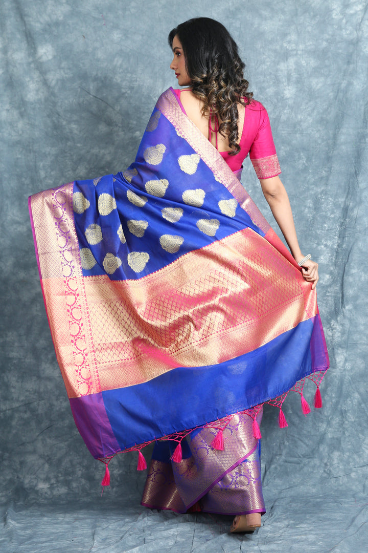 Blue Silk Cotton Saree With Woven Design freeshipping - Charukriti