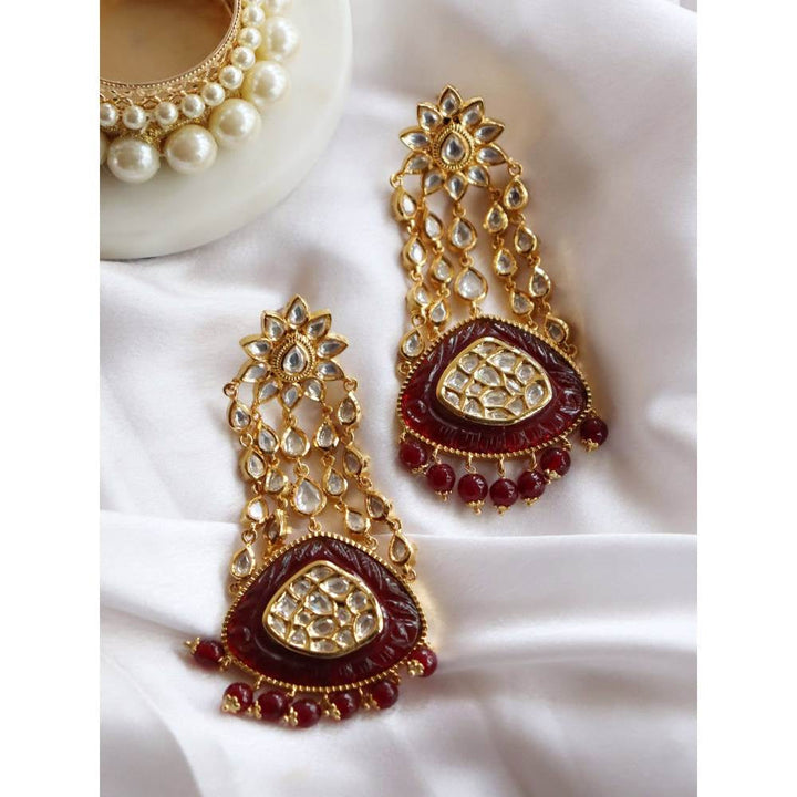 Curio Cottage Kundan and Red Long Passa Bridal Earrings