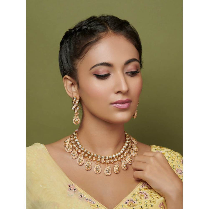 Curio Cottage Pastel Pink Kundan and Pearls Bridal Necklace (Set Of 2)