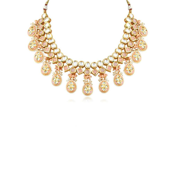 Curio Cottage Pastel Pink Kundan and Pearls Bridal Necklace (Set Of 2)