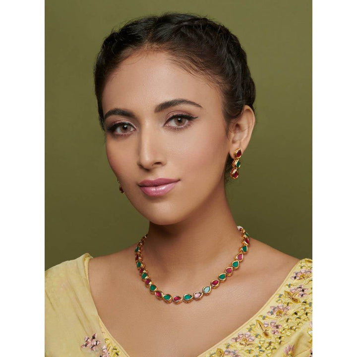 Curio Cottage The Bridal Edit - Red and Green Kundan Leaf Strings Necklace (Set Of 2)
