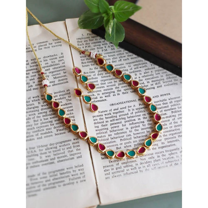 Curio Cottage The Bridal Edit - Red and Green Kundan Leaf Strings Necklace (Set Of 2)
