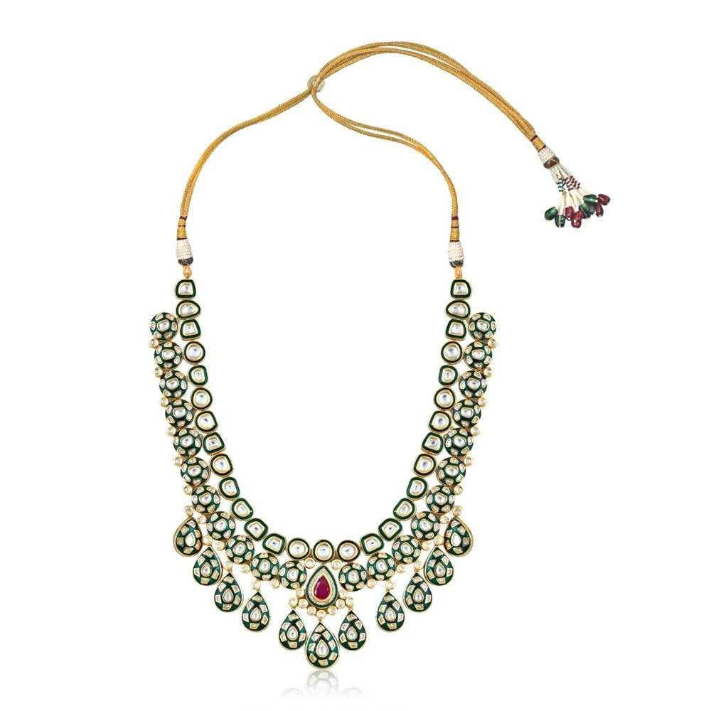 Curio Cottage Emerald Green Enamel and Red Stone Long Bridal Necklace (Set Of 3)