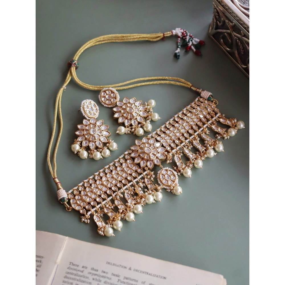 Curio Cottage The Bridal Edit - Scales of Kundan and Pearls Choker (Set Of 2)