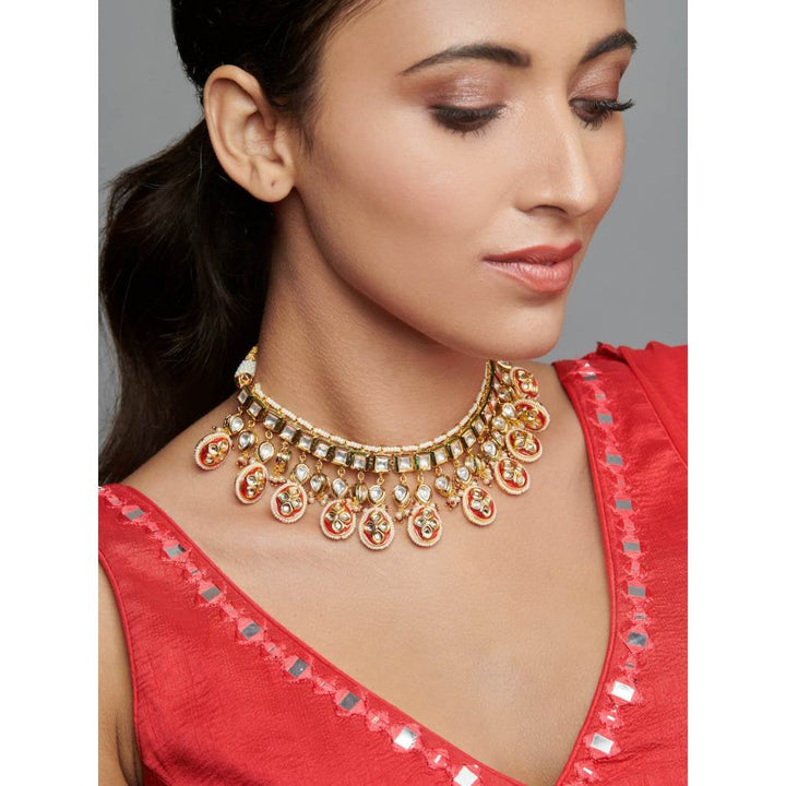 Curio Cottage Bridal Kundan Necklace with Red Enamel Droplets
