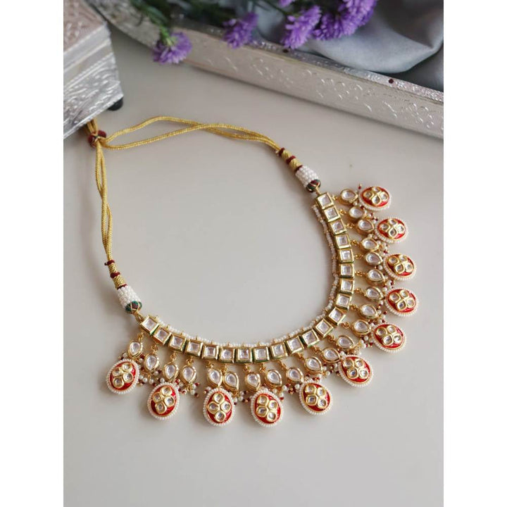 Curio Cottage Bridal Kundan Necklace with Red Enamel Droplets