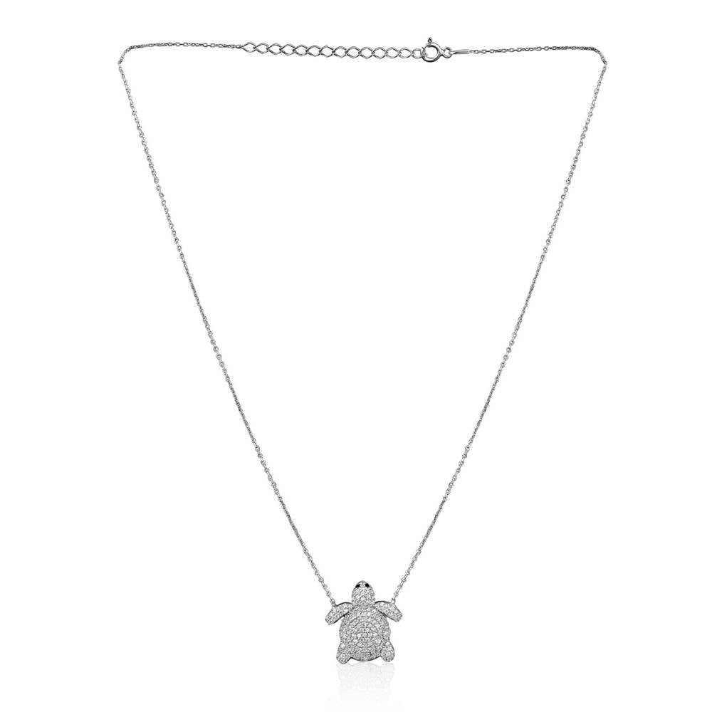 Curio Cottage Pure Silver Turtle Necklace Embellished with Cubic Zirconia Stones