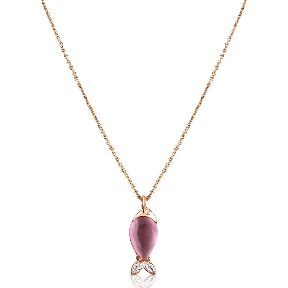 Curio Cottage Pure Silver Rose Gold Plated Crystal Fish Necklace