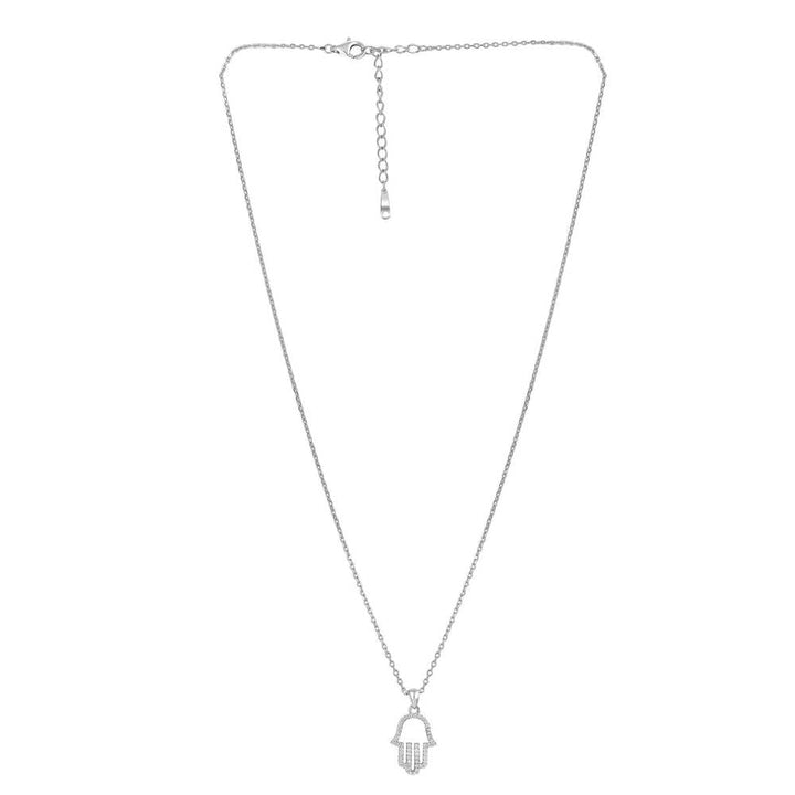 Curio Cottage Pure Silver Hand of Fatima Necklace Embellished with Cubic Zirconia Stones.