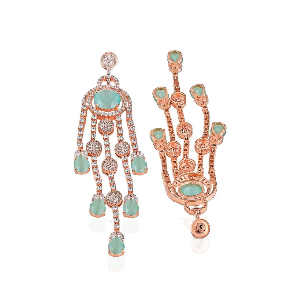 Curio Cottage Diamante Mint Green and Rose Gold Cubic Zirconia Embellished Chandelier Earrings