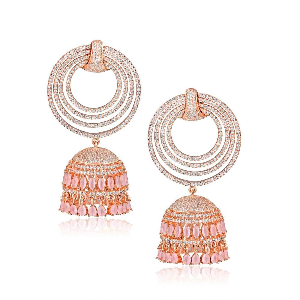 Curio Cottage Diamante Cubic Zirconia Circular Jhumki Pink Earrings