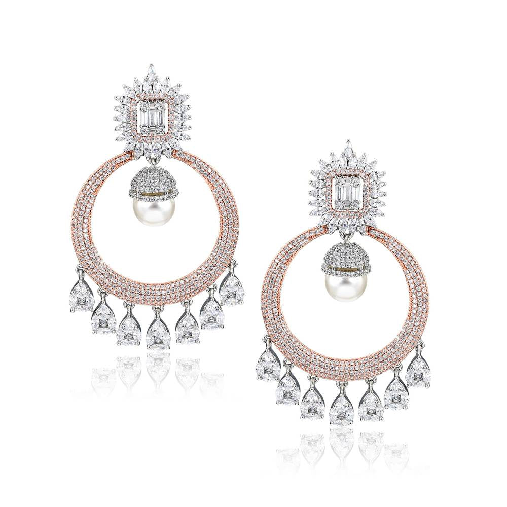 Curio Cottage Diamante Rose Gold and Pearl Drop Chandbali Earrings