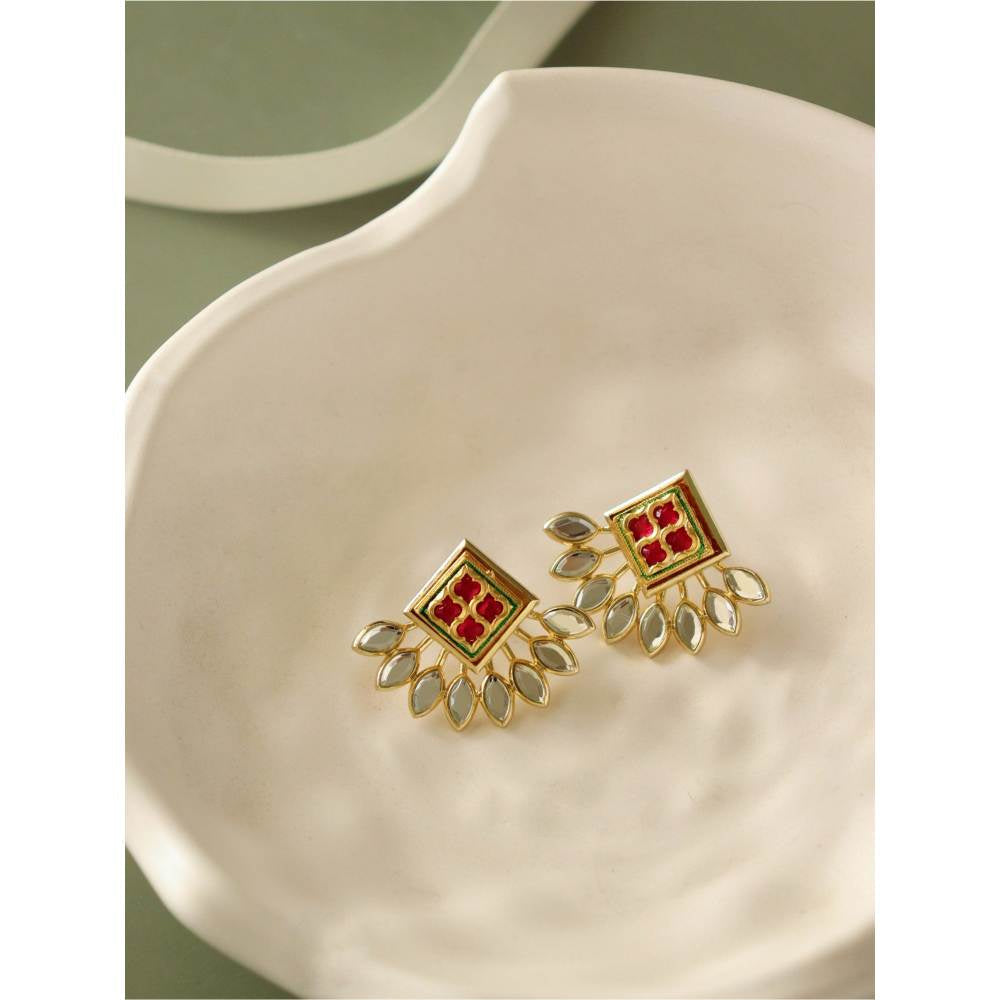 Curio Cottage Aina Leaf Spur Red and Gold Mirror Earrings