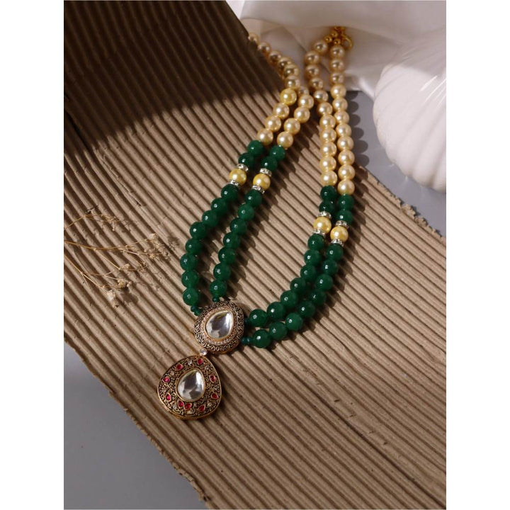 Curio Cottage Stone Appeal Double Layered Green Stone and Oyster Pearls Necklace