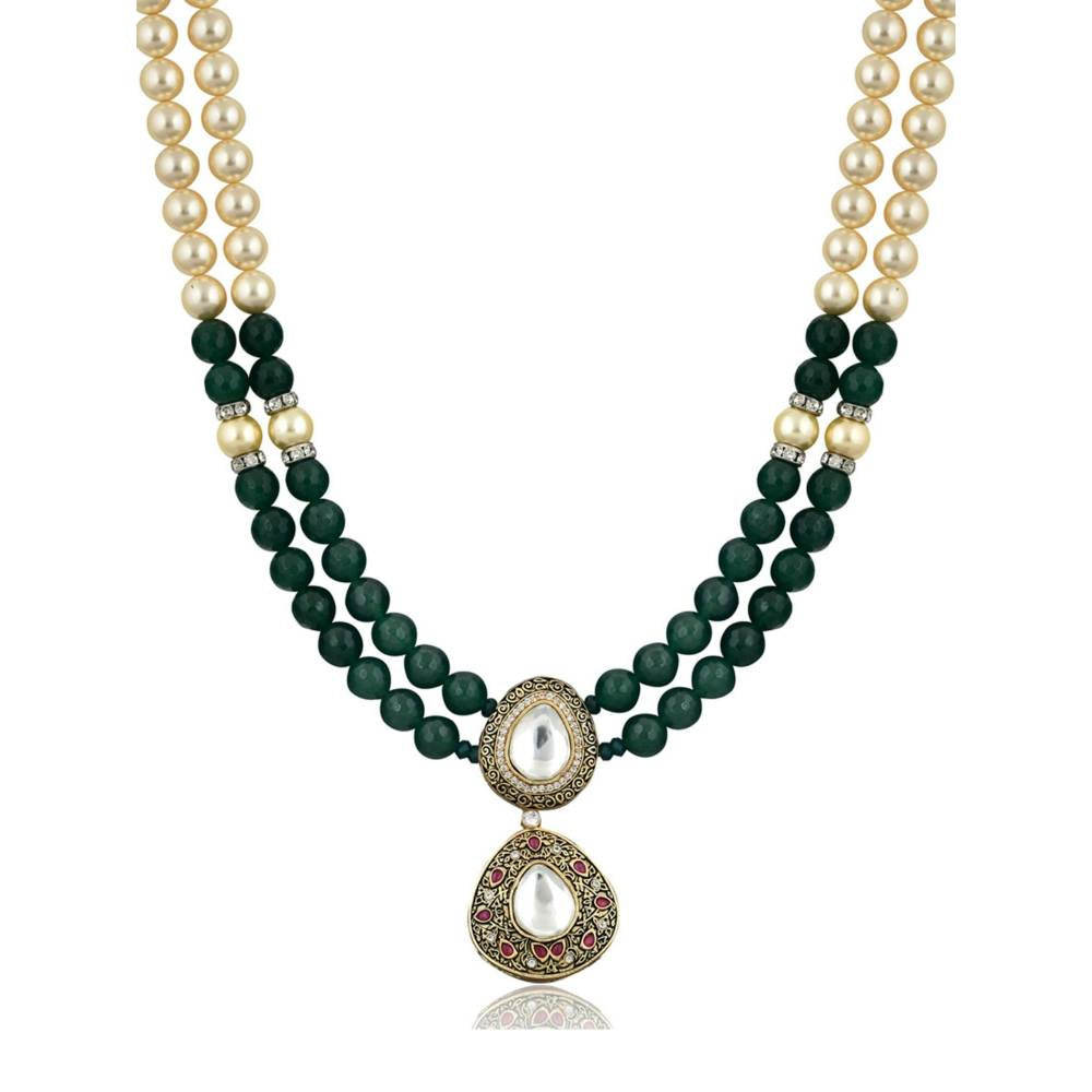 Curio Cottage Stone Appeal Double Layered Green Stone and Oyster Pearls Necklace