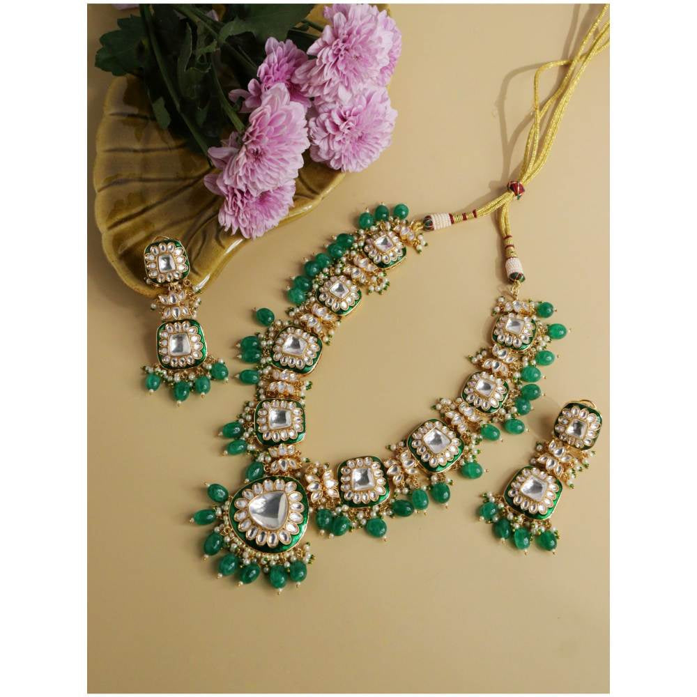 Curio Cottage Bridal Emerald Green Kundan Long Necklace Set