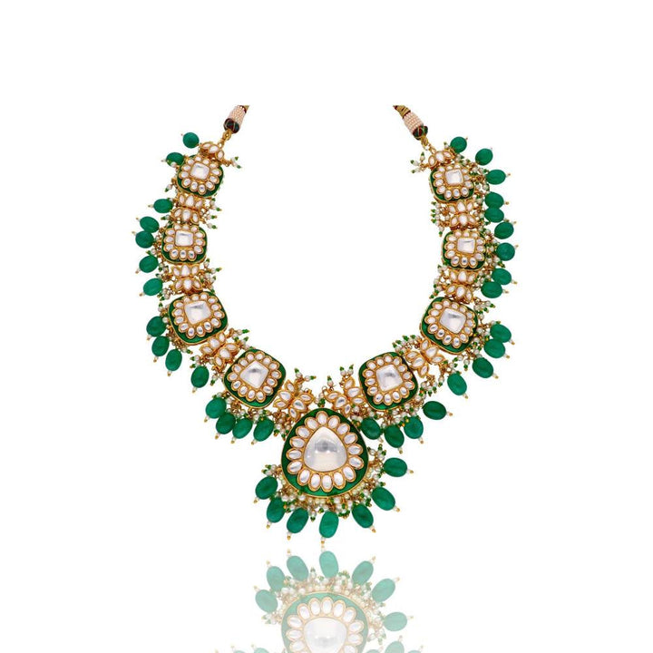 Curio Cottage Bridal Emerald Green Kundan Long Necklace Set