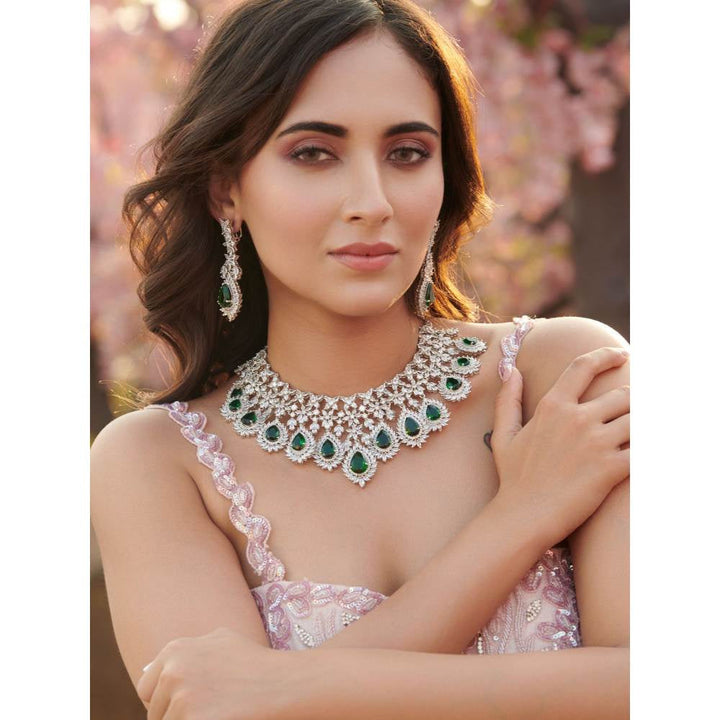 Curio Cottage Feathered Green Diamante Cubic Zirconia Necklace Set