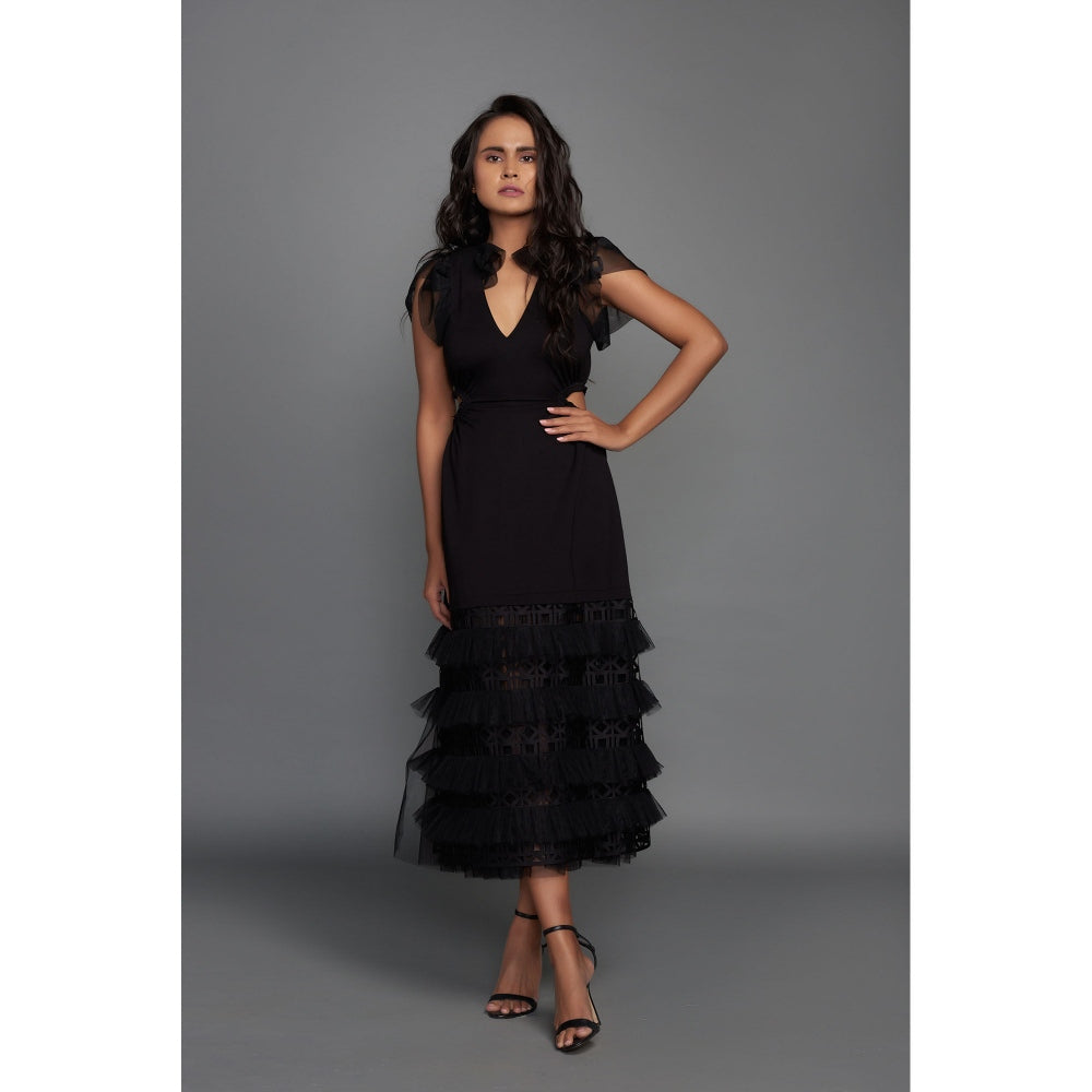 Deepika Arora Black Solid Cutwork Layered Dress