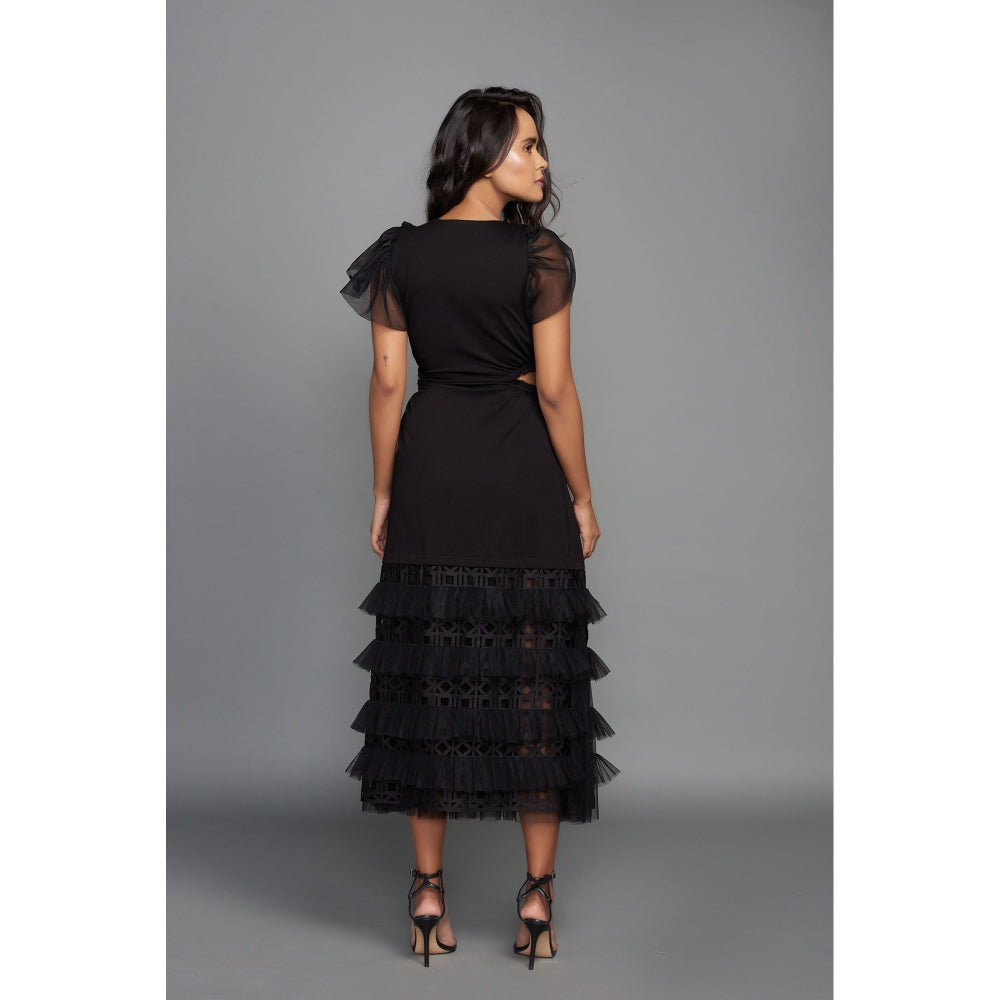 Deepika Arora Black Solid Cutwork Layered Dress