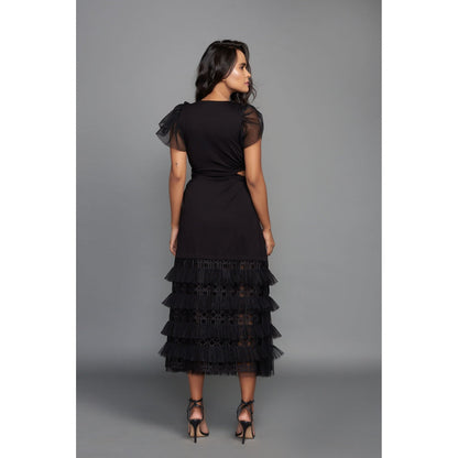 Deepika Arora Black Solid Cutwork Layered Dress