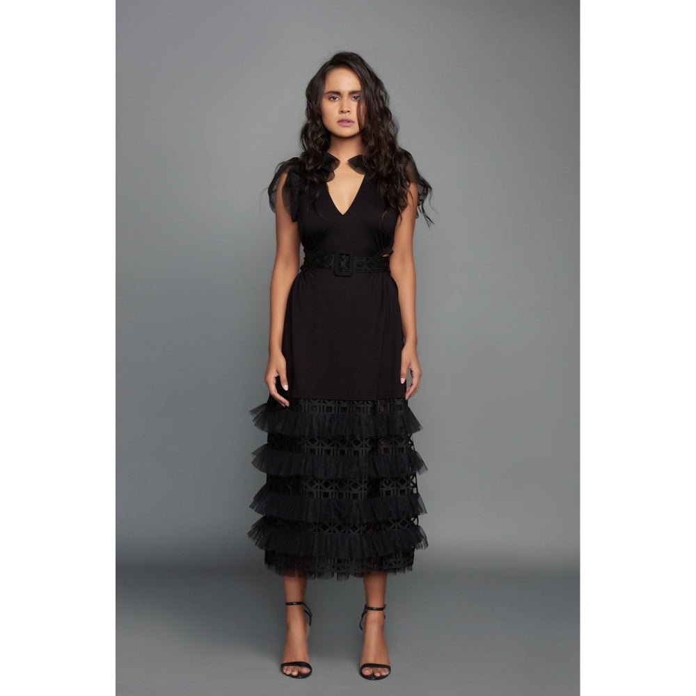 Deepika Arora Black Solid Cutwork Layered Dress