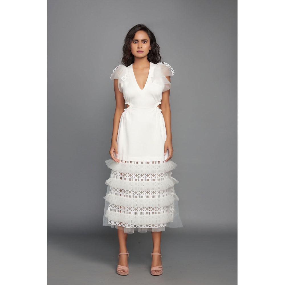 Deepika Arora White Solidcutwork Layered Dress