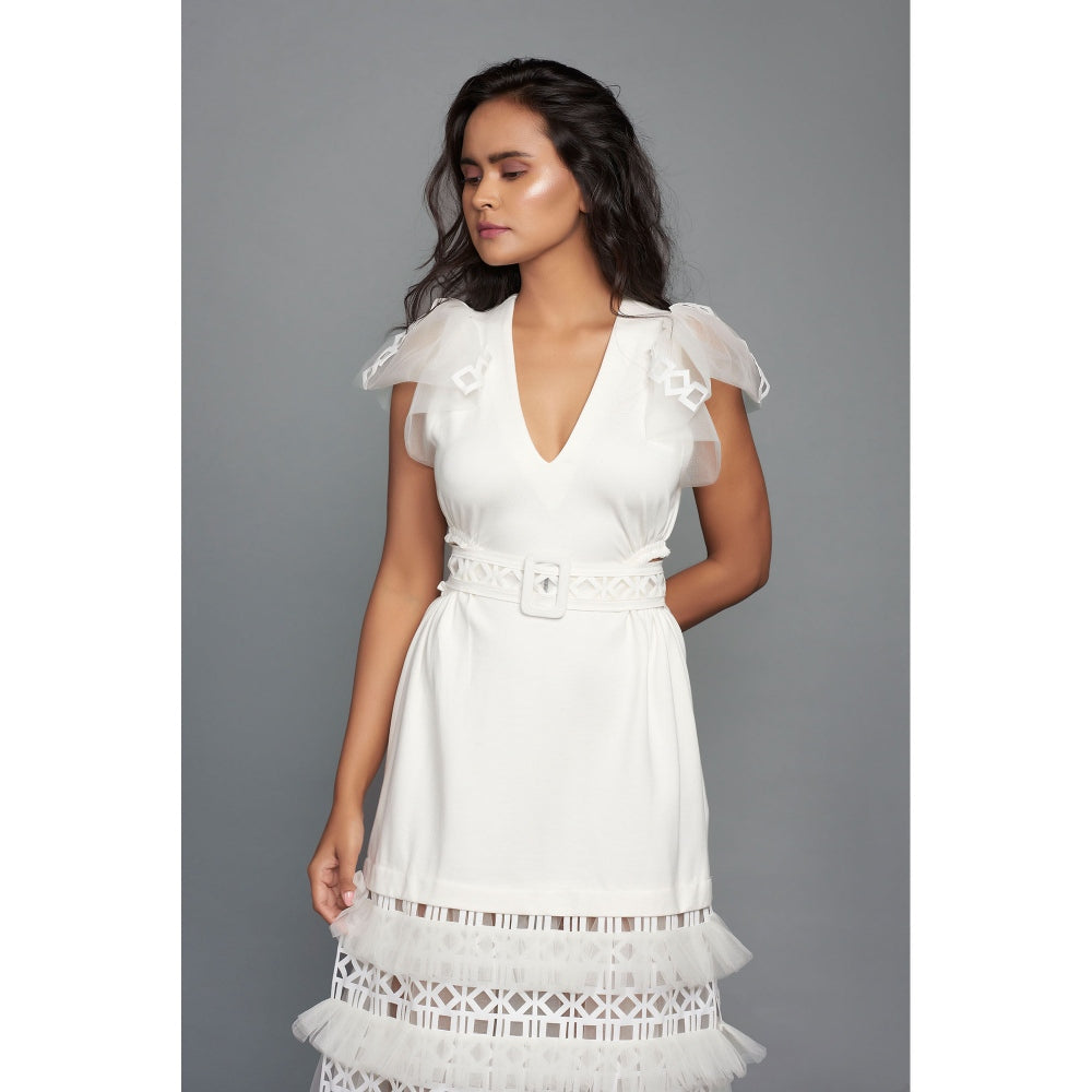 Deepika Arora White Solidcutwork Layered Dress