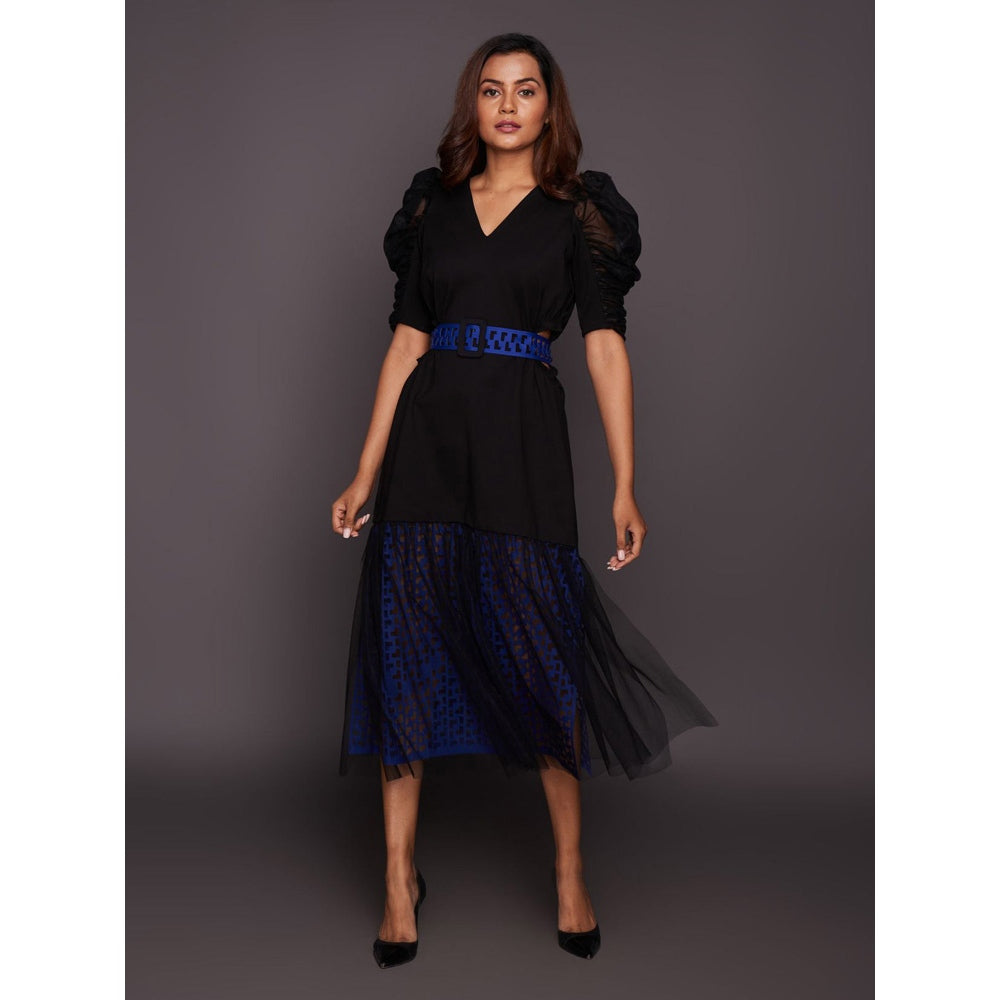 Deepika Arora Black & Blue Cutwork Lace Midi Dress with Belt (Set of 2)