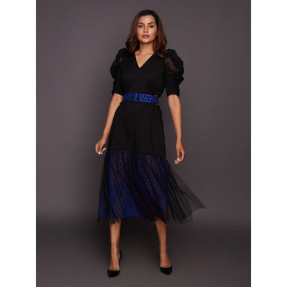 Deepika Arora Black & Blue Cutwork Lace Midi Dress with Belt (Set of 2)
