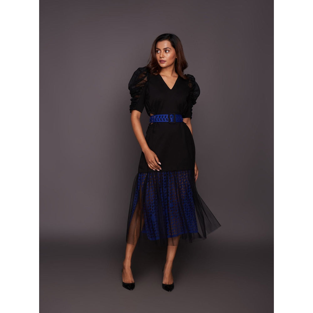 Deepika Arora Black & Blue Cutwork Lace Midi Dress with Belt (Set of 2)