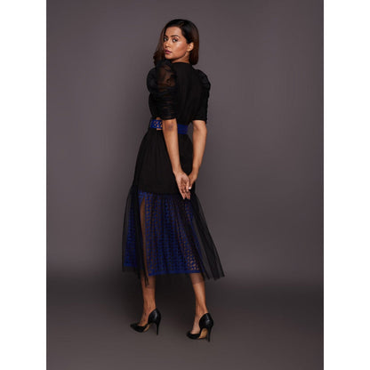 Deepika Arora Black & Blue Cutwork Lace Midi Dress with Belt (Set of 2)