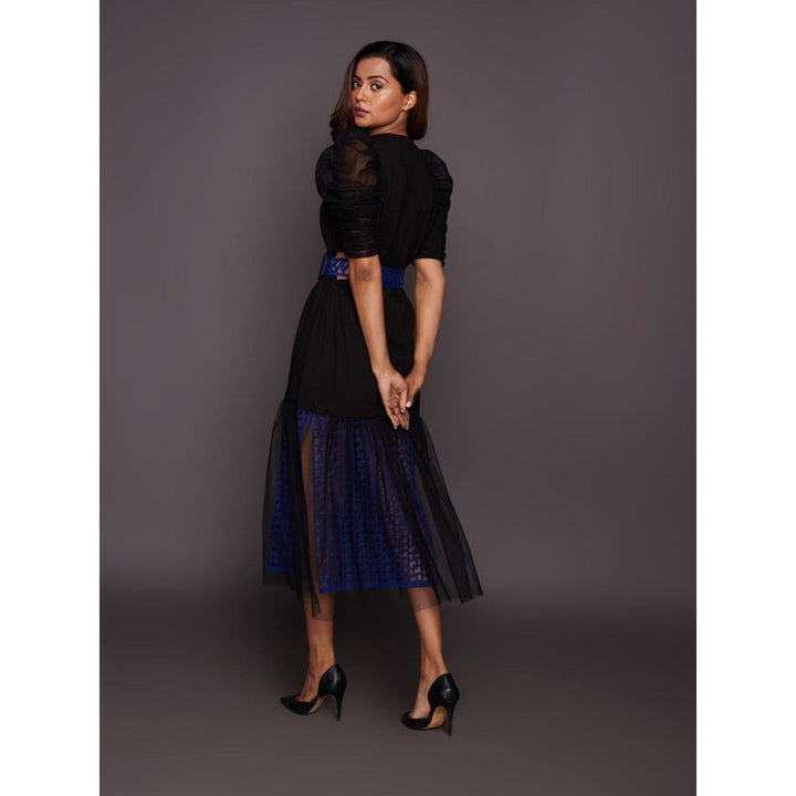 Deepika Arora Black & Blue Cutwork Lace Midi Dress with Belt (Set of 2)