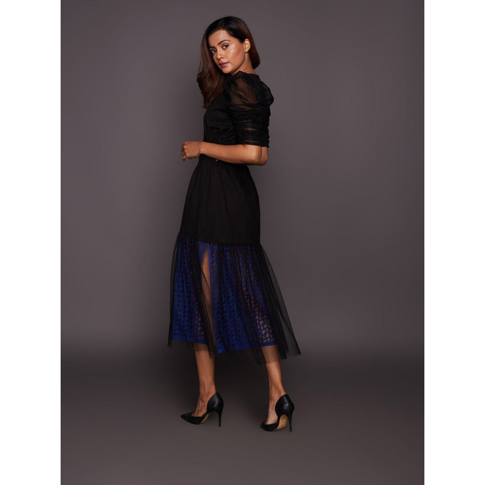 Deepika Arora Black & Blue Cutwork Lace Midi Dress with Belt (Set of 2)