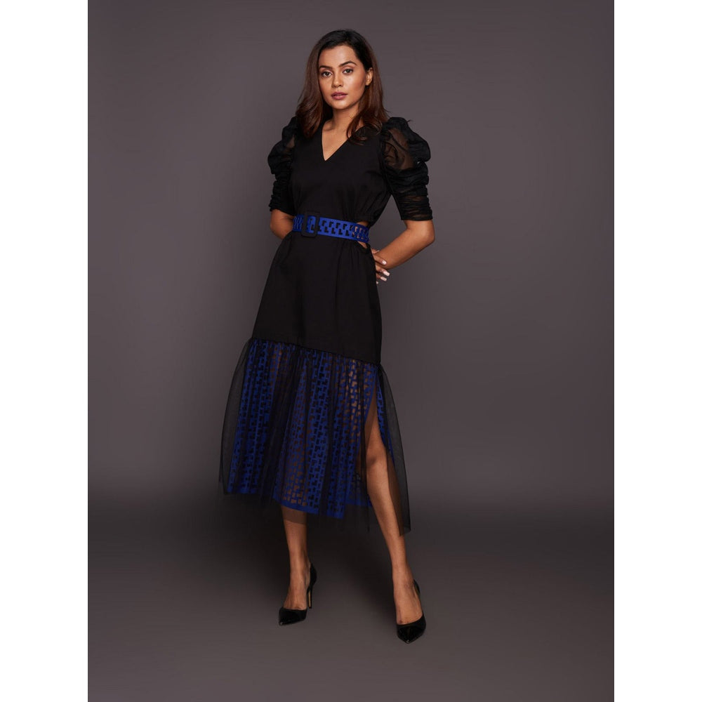 Deepika Arora Black & Blue Cutwork Lace Midi Dress with Belt (Set of 2)