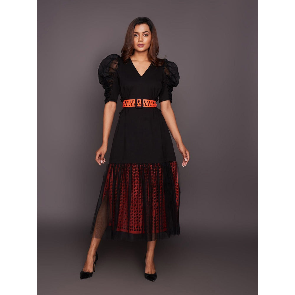 Deepika Arora Black & Orange Cutwork Lace Midi Dress with Belt (Set of 2)