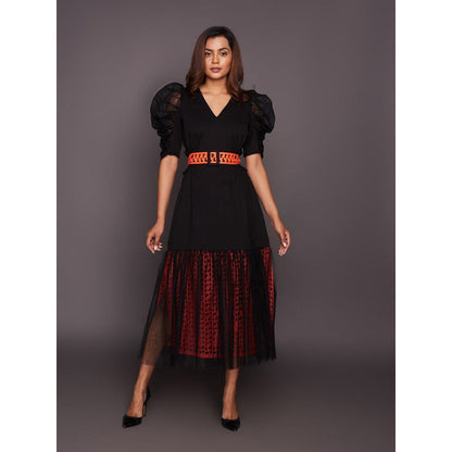 Deepika Arora Black & Orange Cutwork Lace Midi Dress with Belt (Set of 2)