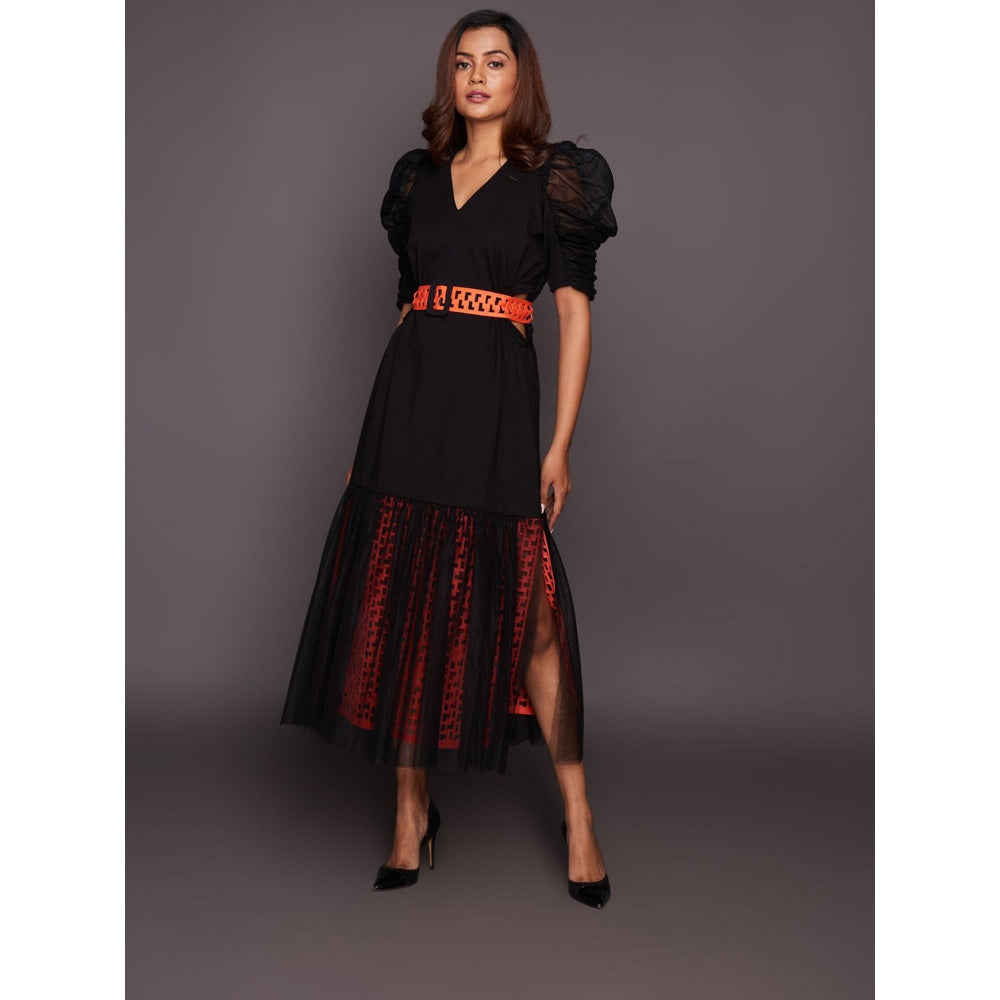 Deepika Arora Black & Orange Cutwork Lace Midi Dress with Belt (Set of 2)