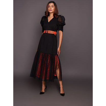 Deepika Arora Black & Orange Cutwork Lace Midi Dress with Belt (Set of 2)