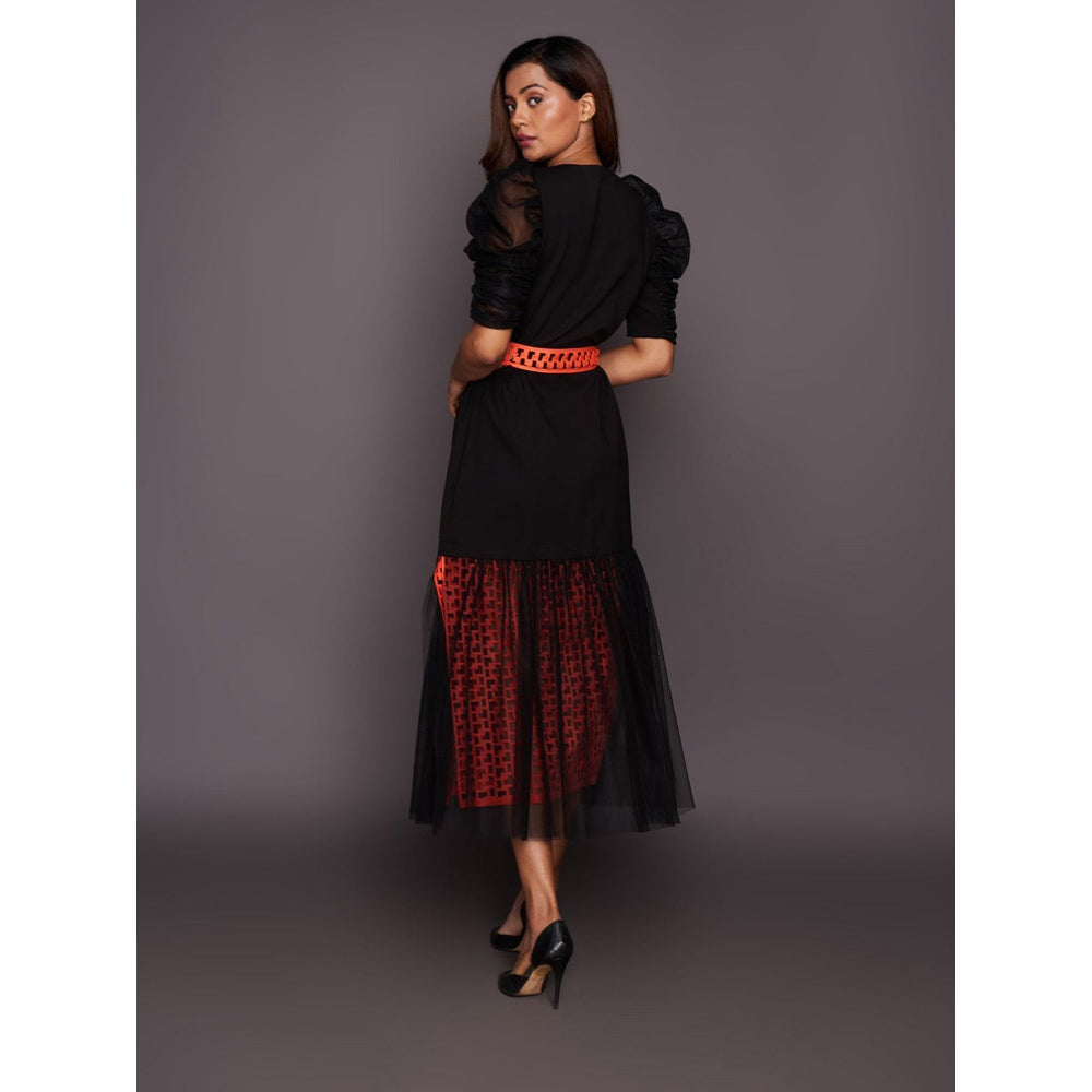 Deepika Arora Black & Orange Cutwork Lace Midi Dress with Belt (Set of 2)