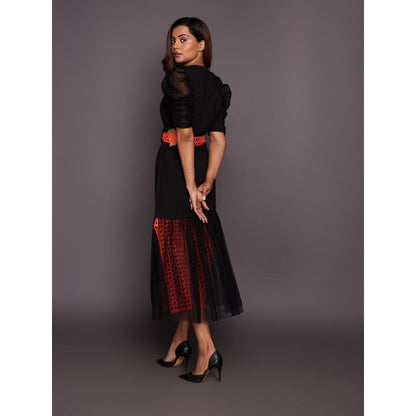 Deepika Arora Black & Orange Cutwork Lace Midi Dress with Belt (Set of 2)