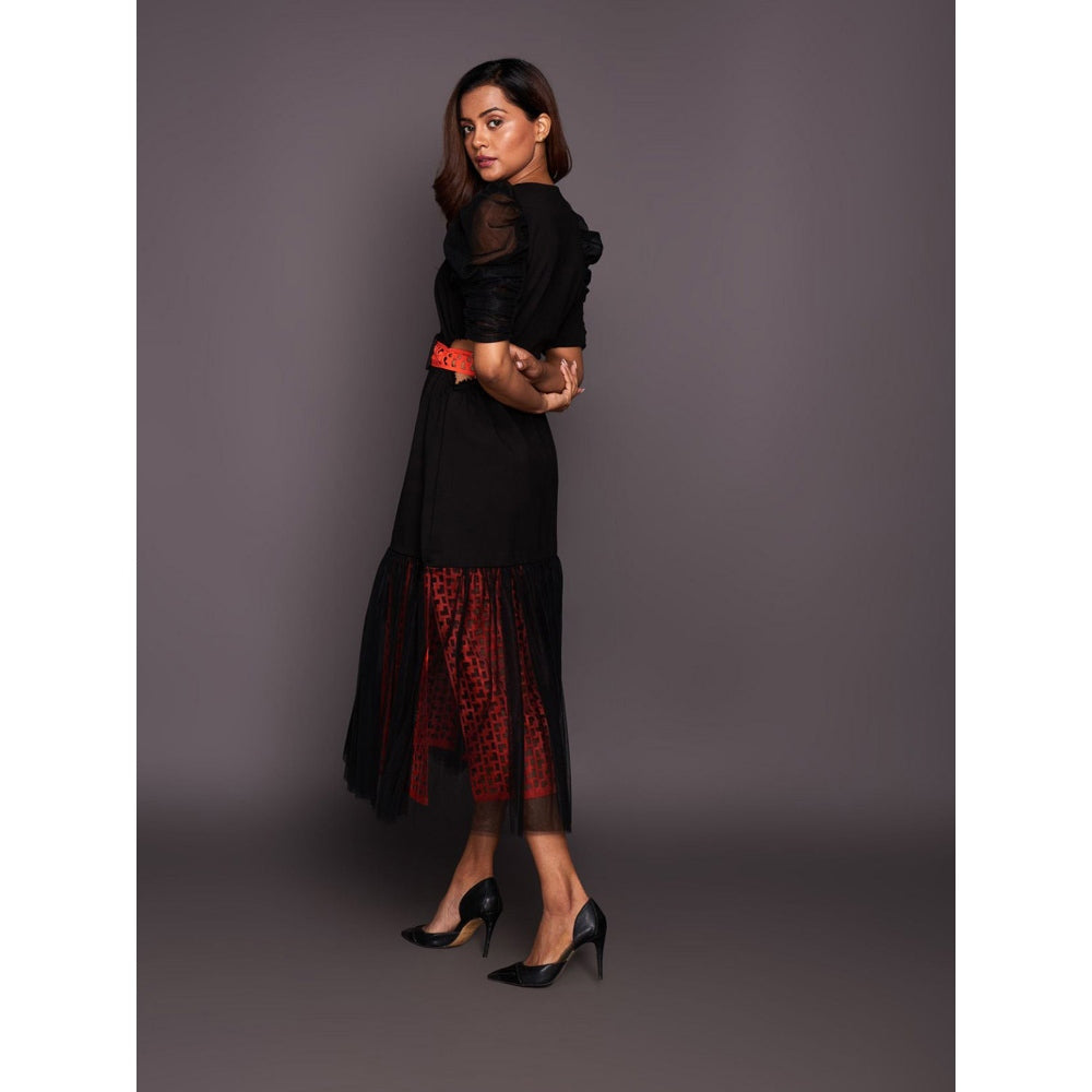 Deepika Arora Black & Orange Cutwork Lace Midi Dress with Belt (Set of 2)