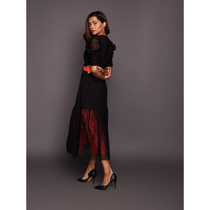 Deepika Arora Black & Orange Cutwork Lace Midi Dress with Belt (Set of 2)