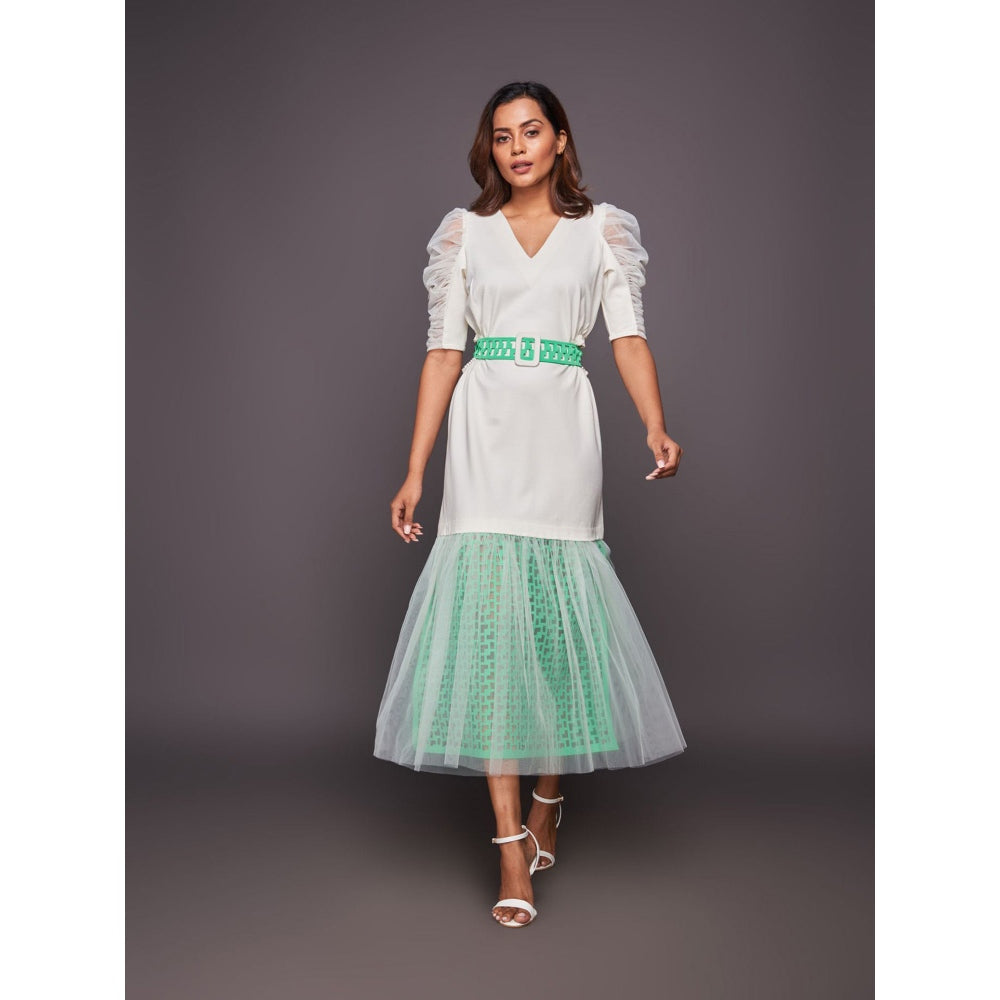 Deepika Arora White & Green Cutwork Lace Midi Dress with Belt (Set of 2)