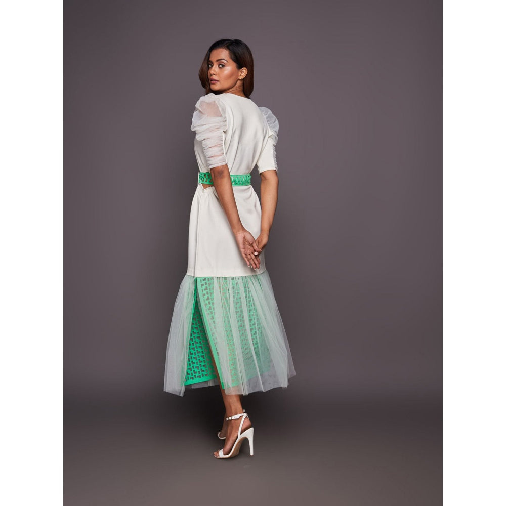 Deepika Arora White & Green Cutwork Lace Midi Dress with Belt (Set of 2)
